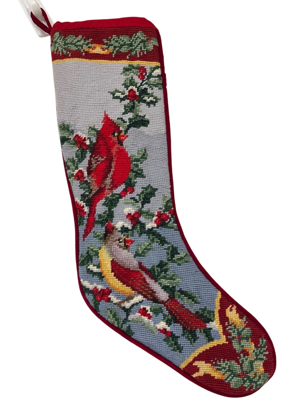 Cardinal Needlepoint Christmas Stocking Holly Berries Velvet Back Holiday Decor